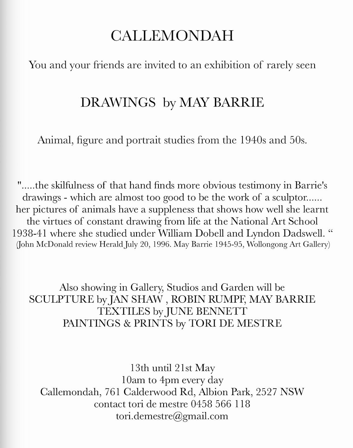 Drawings by May Barrie, Exhibition at Callemondah Invitation